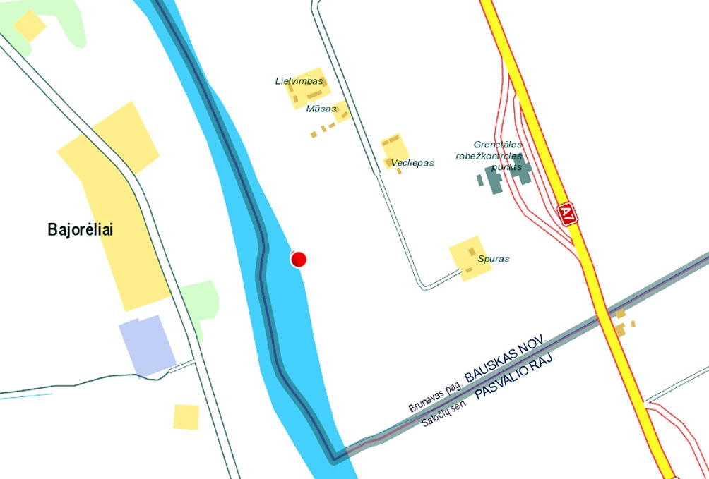 Ar sarkano punktu atzīmēta vieta Mūsā, kur ņemti ūdens paraugi
analīžu veikšanai.