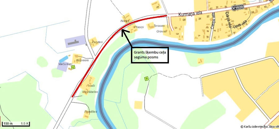 Kartē iezīmēts 700 m garais grants-šķembu ceļa posms, kas atrodas Skaistkalnes ciema teritorijā.