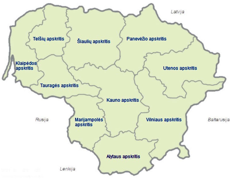 Lietuvā ir desmit apgabalu, ko parāda šī karte.
Autors: Avots: lietuvoszemelapis.com