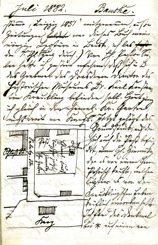 Lapa ar Krauklinga pieminekļa aprakstu Jūliusa Dēringa piezīmju burtnīcā, kur shematiski iezīmēta arī Krauklinga kapa atrašanās vieta. 1882. gads.
Autors: Oriģināls Latvijas Valsts vēstures arhīvā.