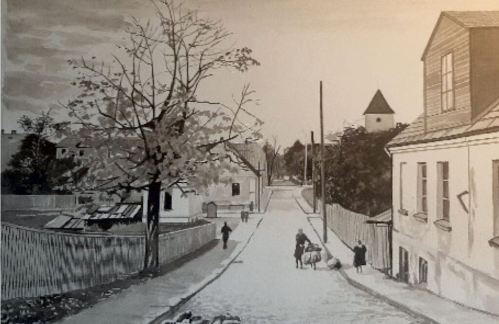 K. Vīgants. Bez nosaukuma. 20. gs. 60. gadi. Papīrs, tušas pludinājums. 86. lapa no albuma «Jelgava, Sidrabene, Mežotne, Bauska». Lapa 31 x 43 cm, attēls 23 x 34 cm. Bauskas pils muzejs. Baznīcas iela.