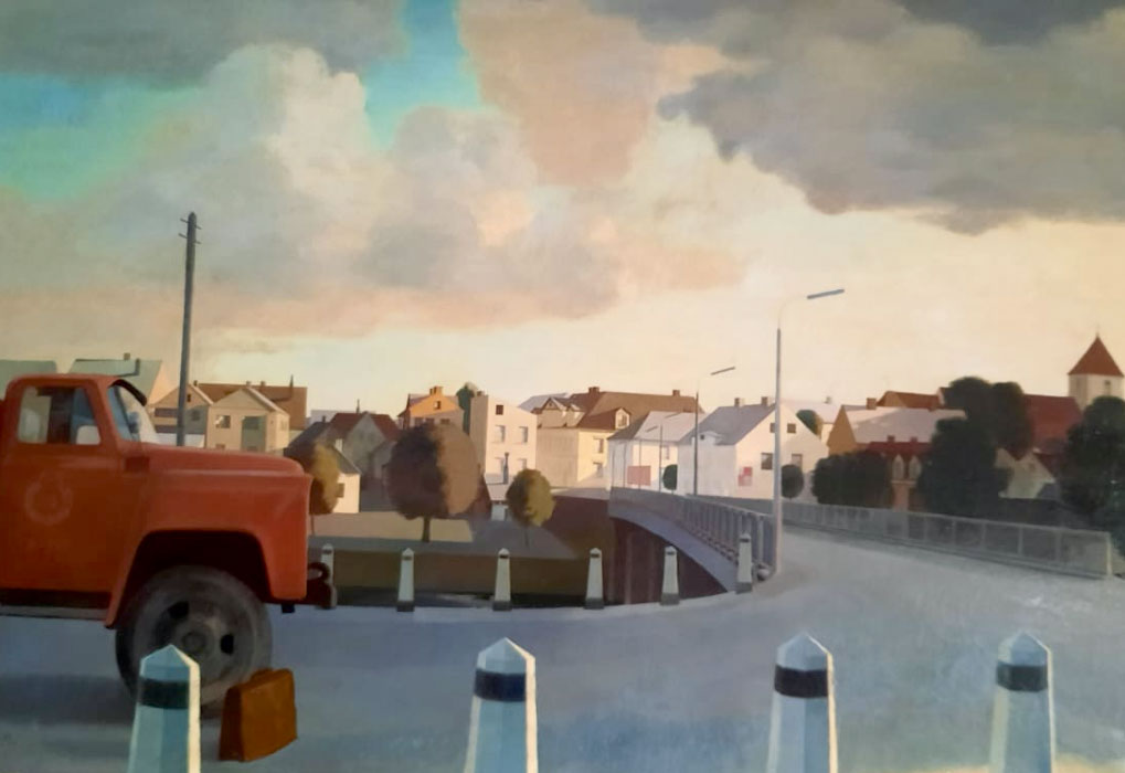 Imants Lancmanis. Bauska. 1967. Audekls, eļļa. 66 x 195 cm. Latvijas Mākslinieku savienības muzejs. Skats pār Mēmeli no Rīgas puses.