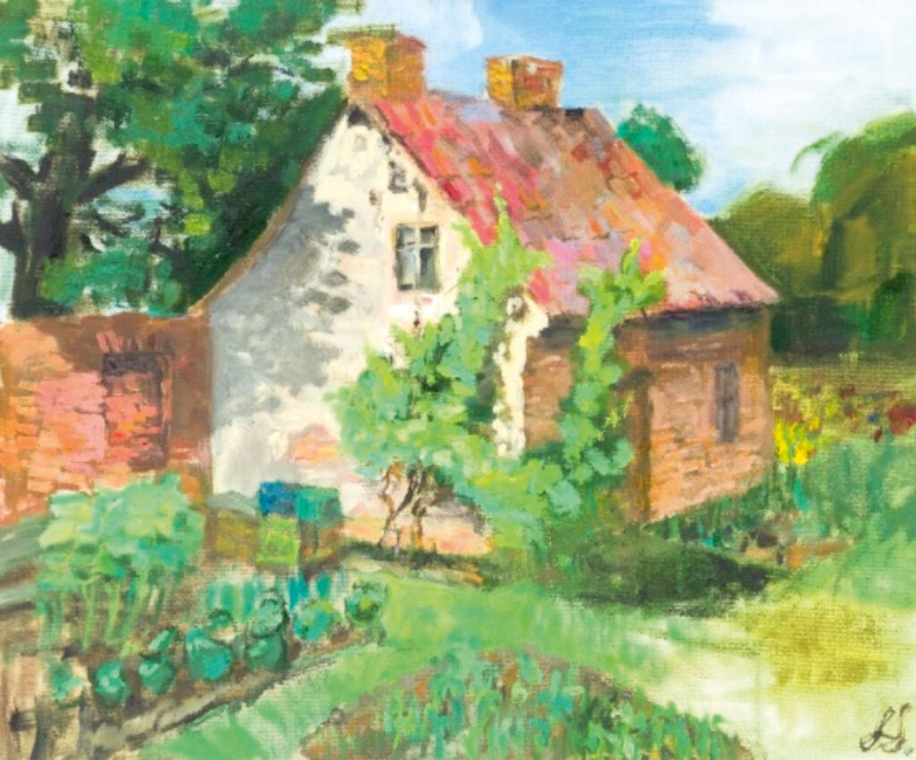 Laura Staņķe. Rijas iela Bauskā. 2005. Audekls, eļļa. 50 x 61 cm. Bauskas novada dome. Rijas un Slimnīcas ielas stūris, ēka nojaukta 2022. gadā.